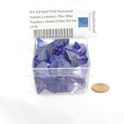 WCXPN0457E50 Nocturnal Nebula Luminary Dice Blue Numbers 16mm (5/8in) D4 Set of 50 (ONLINE ORDER ONLY)