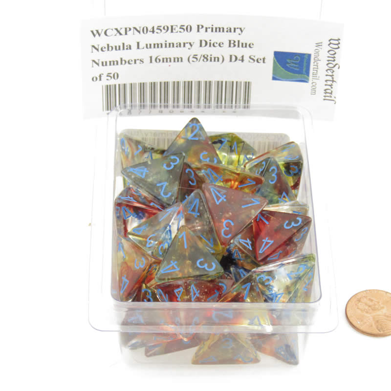 WCXPN0459E50 Primary Nebula Luminary Dice Blue Numbers 16mm (5/8in) D4 Set of 50 (ONLINE ORDER ONLY)