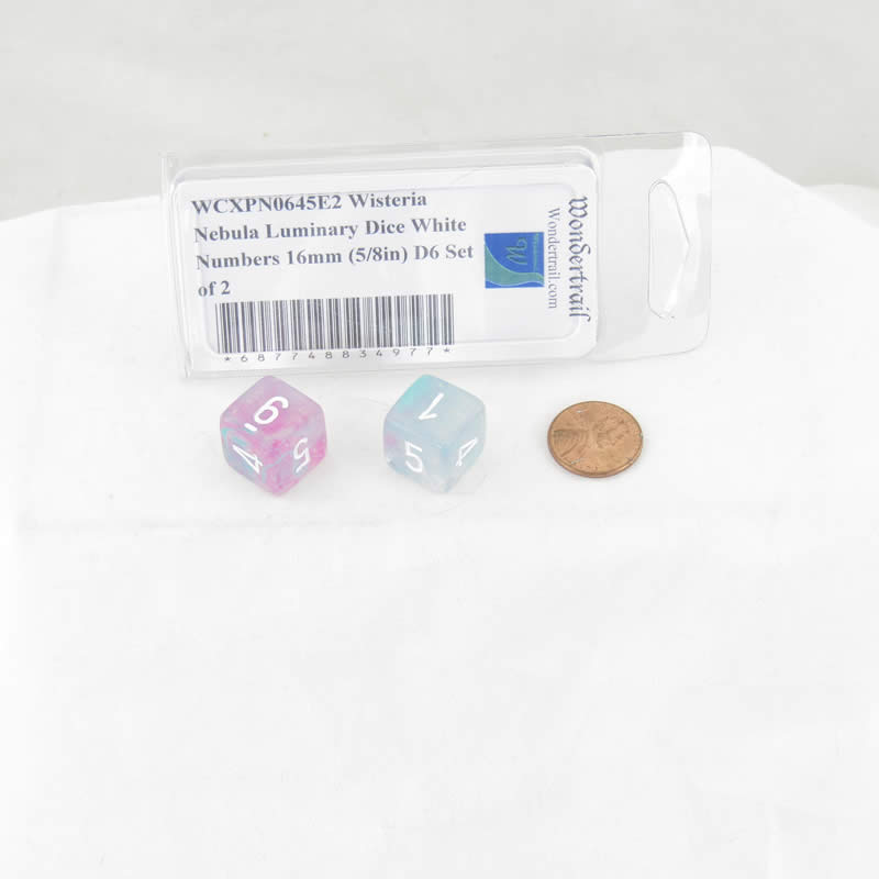 WCXPN0645E2 Wisteria Nebula Luminary Dice White Numbers 16mm (5/8in) D6 Set of 2 (ONLINE ORDER ONLY)
