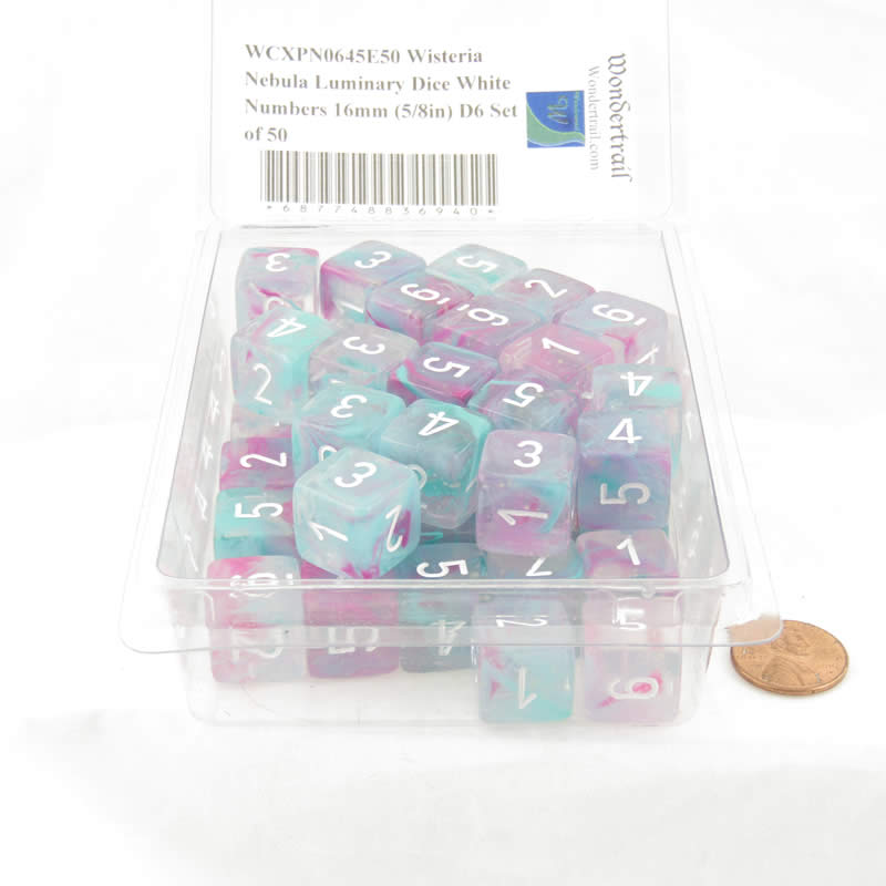 WCXPN0645E50 Wisteria Nebula Luminary Dice White Numbers 16mm (5/8in) D6 Set of 50 (ONLINE ORDER ONLY)