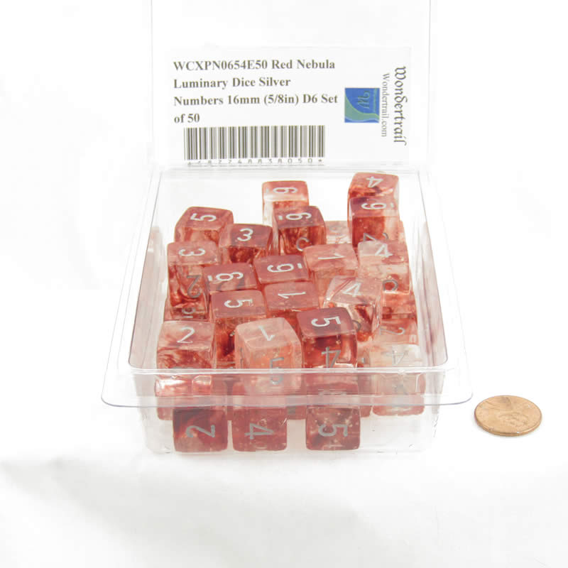 WCXPN0654E50 Red Nebula Luminary Dice Silver Numbers 16mm (5/8in) D6 Set of 50 (ONLINE ORDER ONLY)