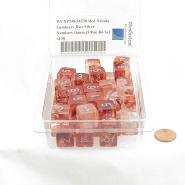 WCXPN0654E50 Red Nebula Luminary Dice Silver Numbers 16mm (5/8in) D6 Set of 50 (ONLINE ORDER ONLY)