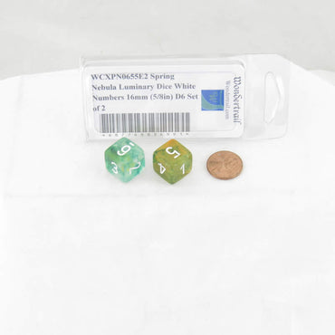 WCXPN0655E2 Spring Nebula Luminary Dice White Numbers 16mm (5/8in) D6 Set of 2 (ONLINE ORDER ONLY)