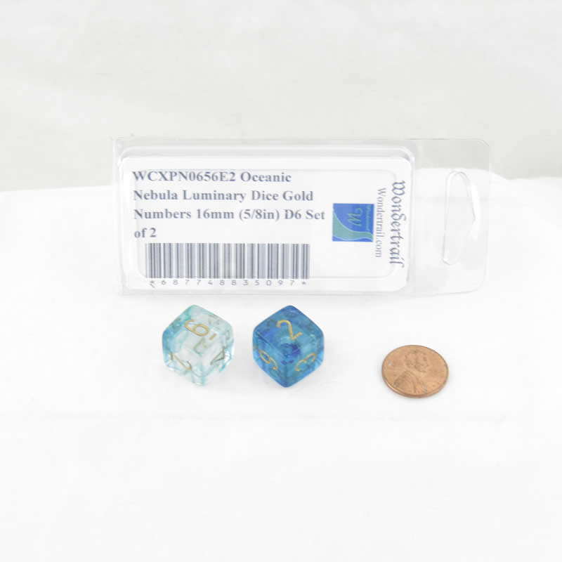 WCXPN0656E2 Oceanic Nebula Luminary Dice Gold Numbers 16mm (5/8in) D6 Set of 2 (ONLINE ORDER ONLY)