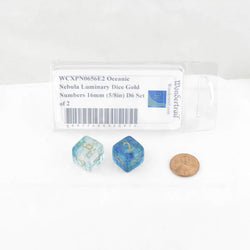 WCXPN0656E2 Oceanic Nebula Luminary Dice Gold Numbers 16mm (5/8in) D6 Set of 2 (ONLINE ORDER ONLY)
