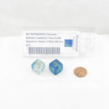 WCXPN0656E2 Oceanic Nebula Luminary Dice Gold Numbers 16mm (5/8in) D6 Set of 2 (ONLINE ORDER ONLY)