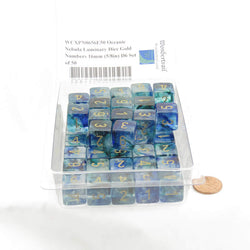 WCXPN0656E50 Oceanic Nebula Luminary Dice Gold Numbers 16mm (5/8in) D6 Set of 50 (ONLINE ORDER ONLY)