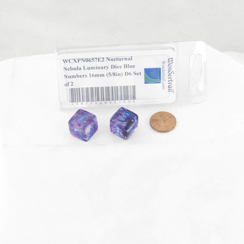 WCXPN0657E2 Nocturnal Nebula Luminary Dice Blue Numbers 16mm (5/8in) D6 Set of 2 (ONLINE ORDER ONLY)