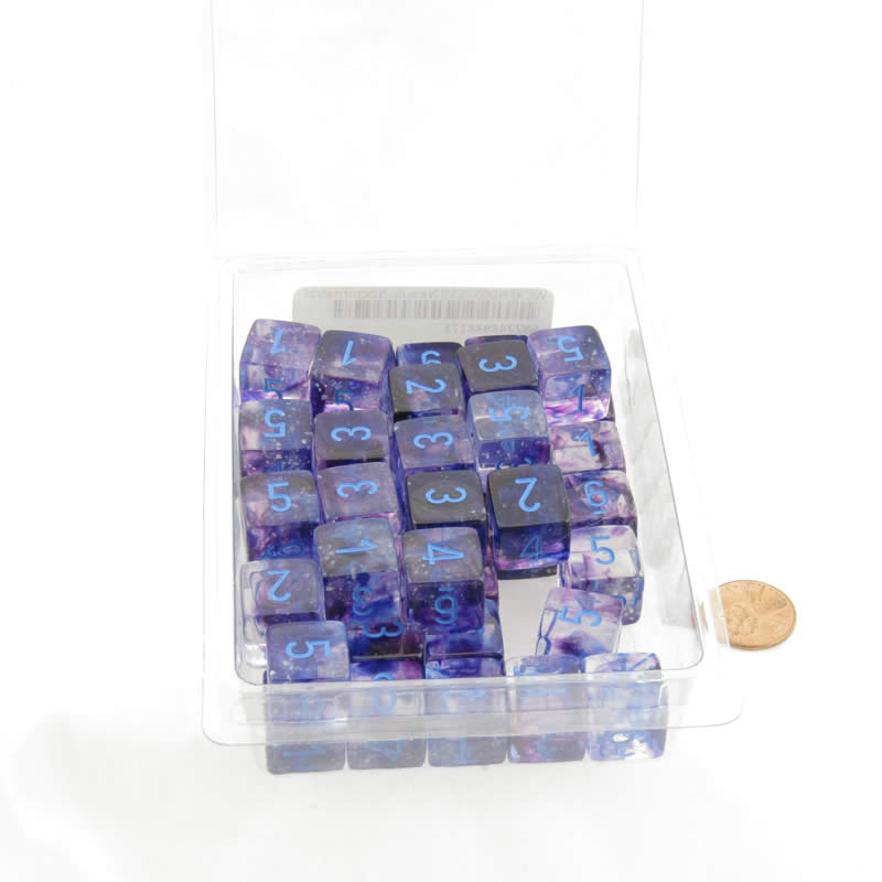 WCXPN0657E50 Nocturnal Nebula Luminary Dice Blue Numbers 16mm (5/8in) D6 Set of 50 (ONLINE ORDER ONLY)