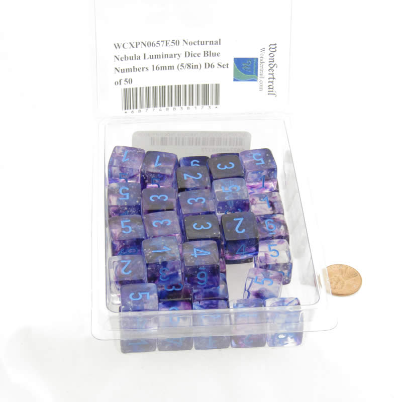 WCXPN0657E50 Nocturnal Nebula Luminary Dice Blue Numbers 16mm (5/8in) D6 Set of 50 (ONLINE ORDER ONLY)