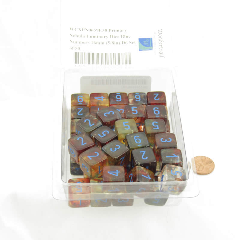 WCXPN0659E50 Primary Nebula Luminary Dice Blue Numbers 16mm (5/8in) D6 Set of 50 (ONLINE ORDER ONLY)