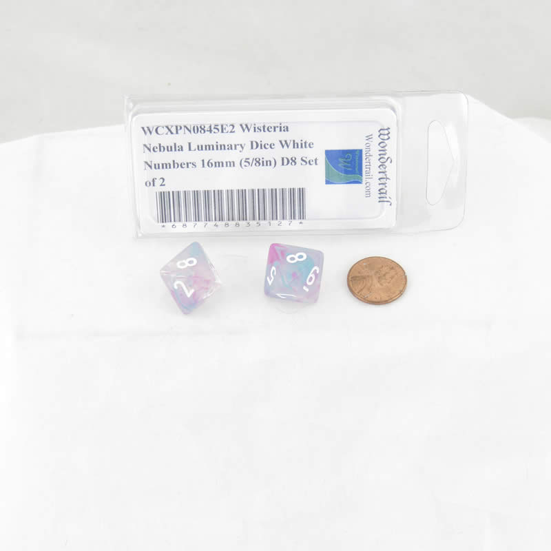 WCXPN0845E2 Wisteria Nebula Luminary Dice White Numbers 16mm (5/8in) D8 Set of 2 (ONLINE ORDER ONLY)