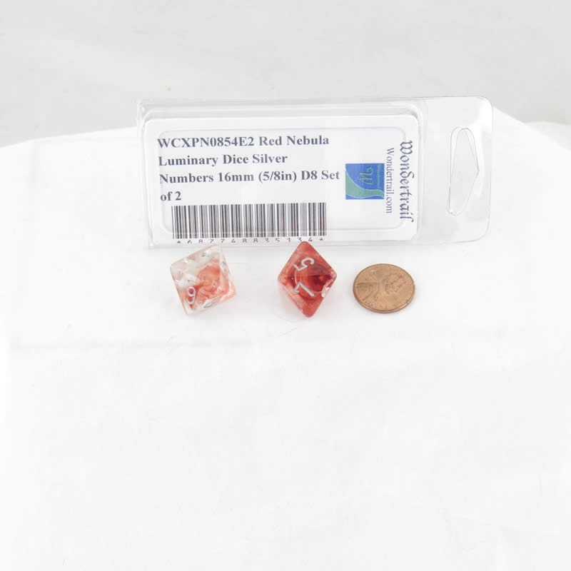 WCXPN0854E2 Red Nebula Luminary Dice Silver Numbers 16mm (5/8in) D8 Set of 2 (ONLINE ORDER ONLY)