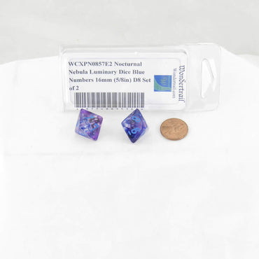 WCXPN0857E2 Nocturnal Nebula Luminary Dice Blue Numbers 16mm (5/8in) D8 Set of 2 (ONLINE ORDER ONLY)