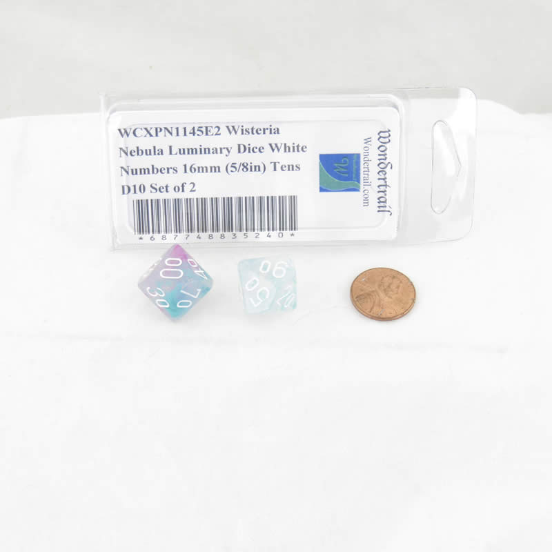 WCXPN1145E2 Wisteria Nebula Luminary Dice White Numbers 16mm (5/8in) Tens D10 Set of 2 (ONLINE ORDER ONLY)