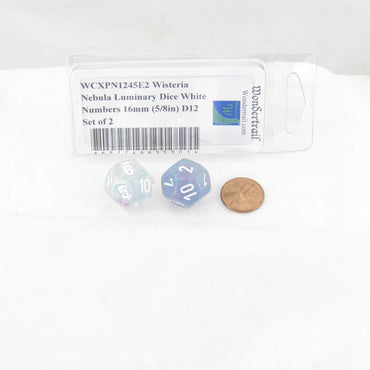 WCXPN1245E2 Wisteria Nebula Luminary Dice White Numbers 16mm (5/8in) D12 Set of 2 (ONLINE ORDER ONLY)