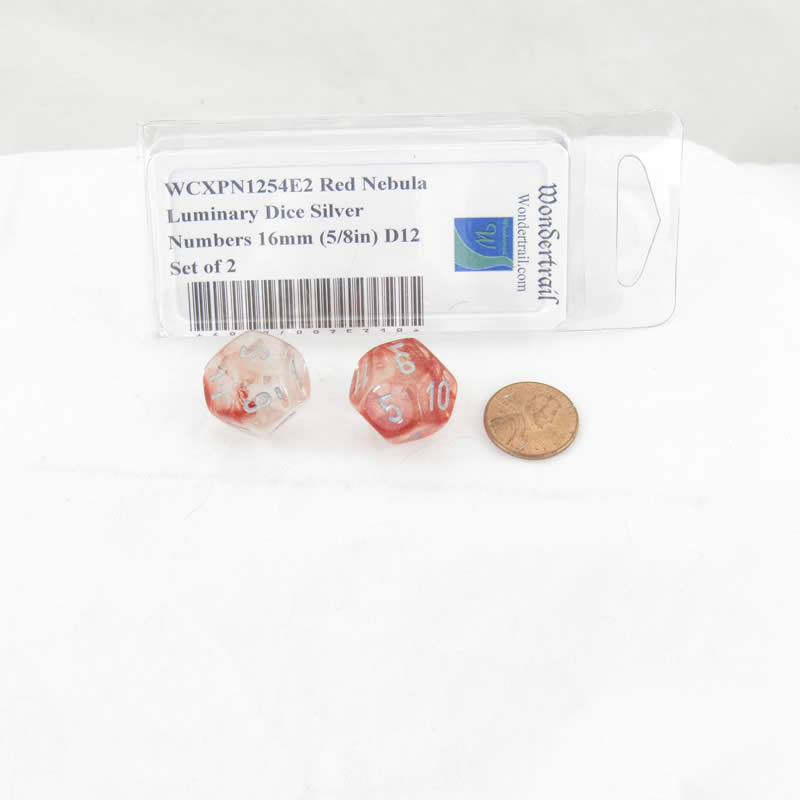 WCXPN1254E2 Red Nebula Luminary Dice Silver Numbers 16mm (5/8in) D12 Set of 2 (ONLINE ORDER ONLY)
