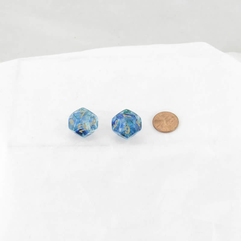 WCXPN1256E2 Oceanic Nebula Luminary Dice Gold Numbers 16mm (5/8in) D12 Set of 2 (ONLINE ORDER ONLY)