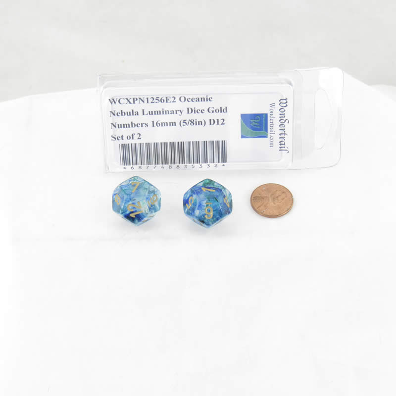 WCXPN1256E2 Oceanic Nebula Luminary Dice Gold Numbers 16mm (5/8in) D12 Set of 2 (ONLINE ORDER ONLY)