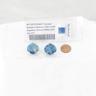 WCXPN1256E2 Oceanic Nebula Luminary Dice Gold Numbers 16mm (5/8in) D12 Set of 2 (ONLINE ORDER ONLY)