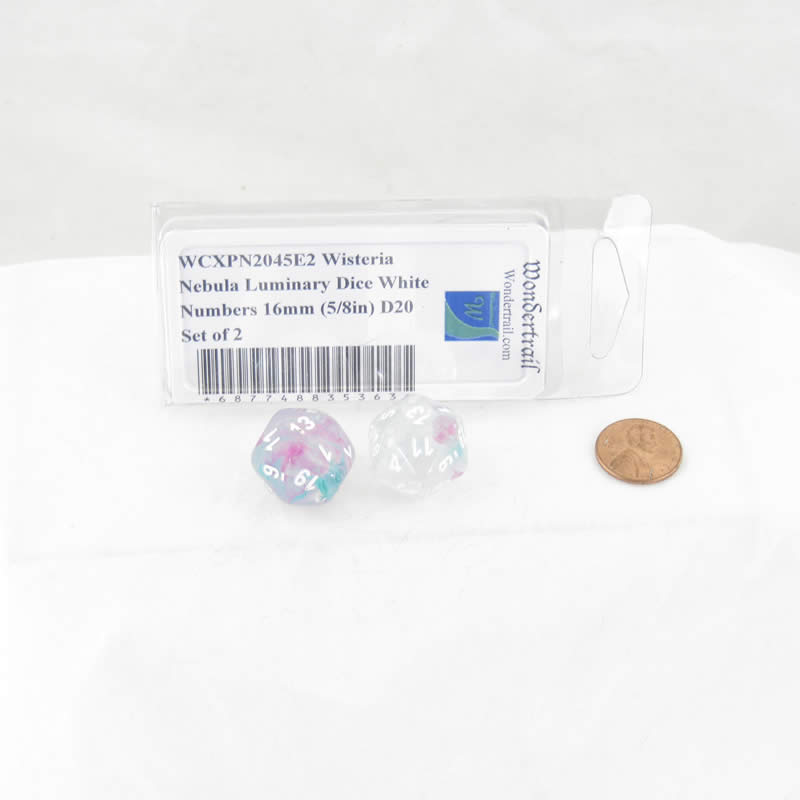 WCXPN2045E2 Wisteria Nebula Luminary Dice White Numbers 16mm (5/8in) D20 Set of 2 (ONLINE ORDER ONLY)