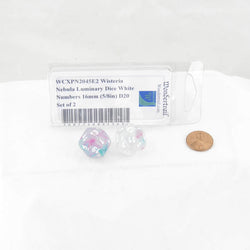 WCXPN2045E2 Wisteria Nebula Luminary Dice White Numbers 16mm (5/8in) D20 Set of 2 (ONLINE ORDER ONLY)