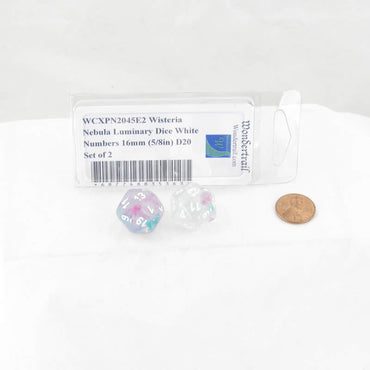 WCXPN2045E2 Wisteria Nebula Luminary Dice White Numbers 16mm (5/8in) D20 Set of 2 (ONLINE ORDER ONLY)