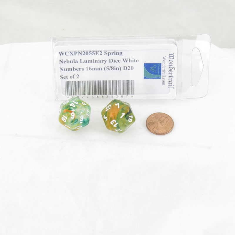 WCXPN2055E2 Spring Nebula Luminary Dice White Numbers 16mm (5/8in) D20 Set of 2 (ONLINE ORDER ONLY)