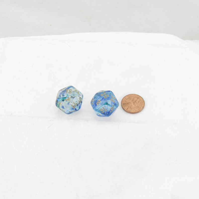 WCXPN2056E2 Oceanic Nebula Luminary Dice Gold Numbers 16mm (5/8in) D20 Set of 2 (ONLINE ORDER ONLY)