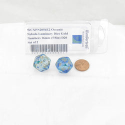 WCXPN2056E2 Oceanic Nebula Luminary Dice Gold Numbers 16mm (5/8in) D20 Set of 2 (ONLINE ORDER ONLY)