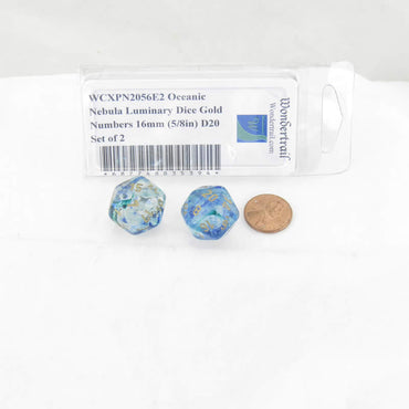 WCXPN2056E2 Oceanic Nebula Luminary Dice Gold Numbers 16mm (5/8in) D20 Set of 2 (ONLINE ORDER ONLY)