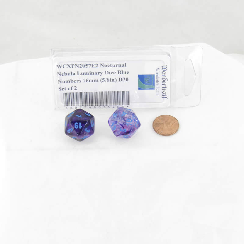 WCXPN2057E2 Nocturnal Nebula Luminary Dice Blue Numbers 16mm (5/8in) D20 Set of 2 (ONLINE ORDER ONLY)