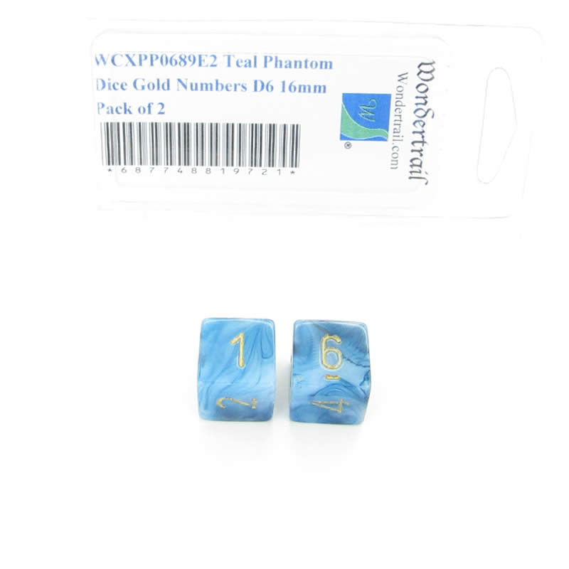 WCXPP0689E2 Teal Phantom Dice Gold Numbers D6 16mm Pack of 2 (ONLINE ORDER ONLY)