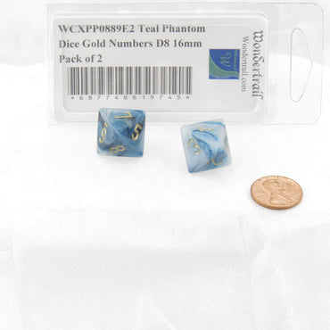 WCXPP0889E2 Teal Phantom Dice Gold Numbers D8 16mm Pack of 2 (ONLINE ORDER ONLY)