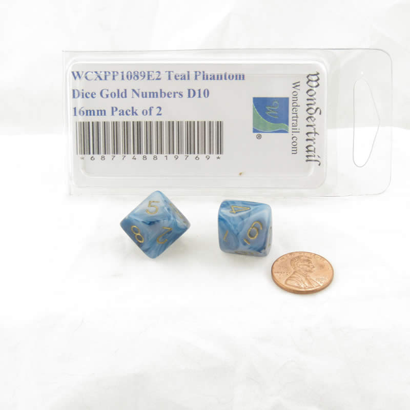 WCXPP1089E2 Teal Phantom Dice Gold Numbers D10 16mm Pack of 2 (ONLINE ORDER ONLY)