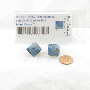 WCXPP1089E2 Teal Phantom Dice Gold Numbers D10 16mm Pack of 2 (ONLINE ORDER ONLY)