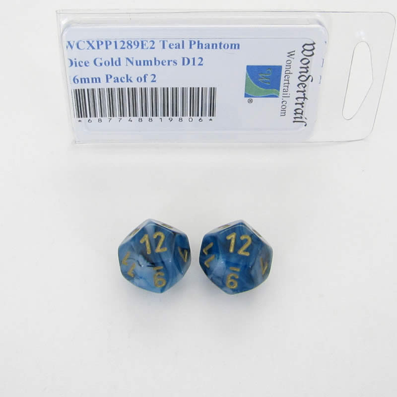 WCXPP1289E2 Teal Phantom Dice Gold Numbers D12 16mm Pack of 2 (ONLINE ORDER ONLY)