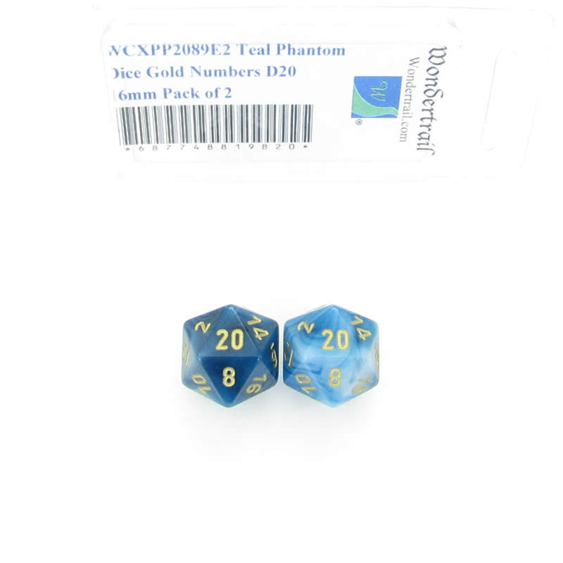 WCXPP2089E2 Teal Phantom Dice Gold Numbers D20 16mm Pack of 2 (ONLINE ORDER ONLY)