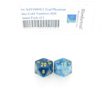 WCXPP2089E2 Teal Phantom Dice Gold Numbers D20 16mm Pack of 2 (ONLINE ORDER ONLY)