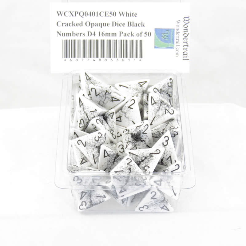 WCXPQ0401CE50 White Cracked Opaque Dice Black Numbers D4 16mm Pack of 50 (ONLINE ORDER ONLY)