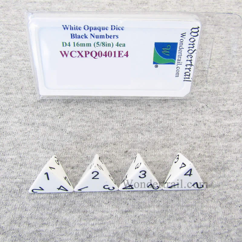 WCXPQ0401E4 White Opaque Dice Black Numbers D4 16mm Pack of 4 (ONLINE ORDER ONLY)