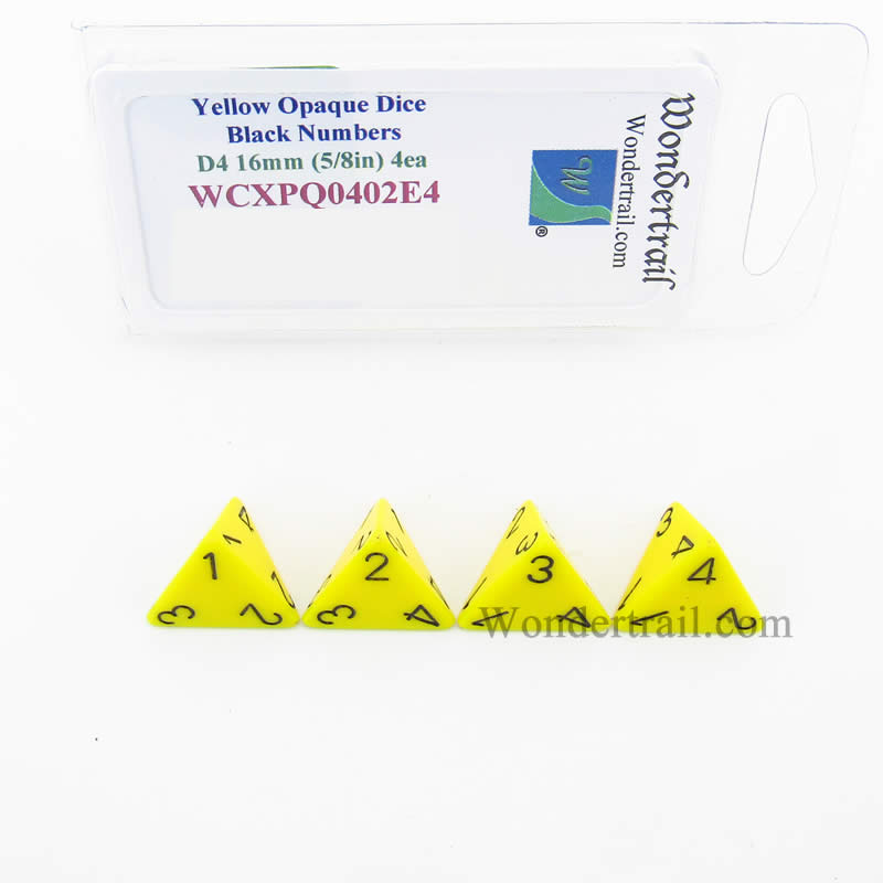WCXPQ0402E4 Yellow Opaque Dice Black Numbers D4 16mm Pack of 4 (ONLINE ORDER ONLY)