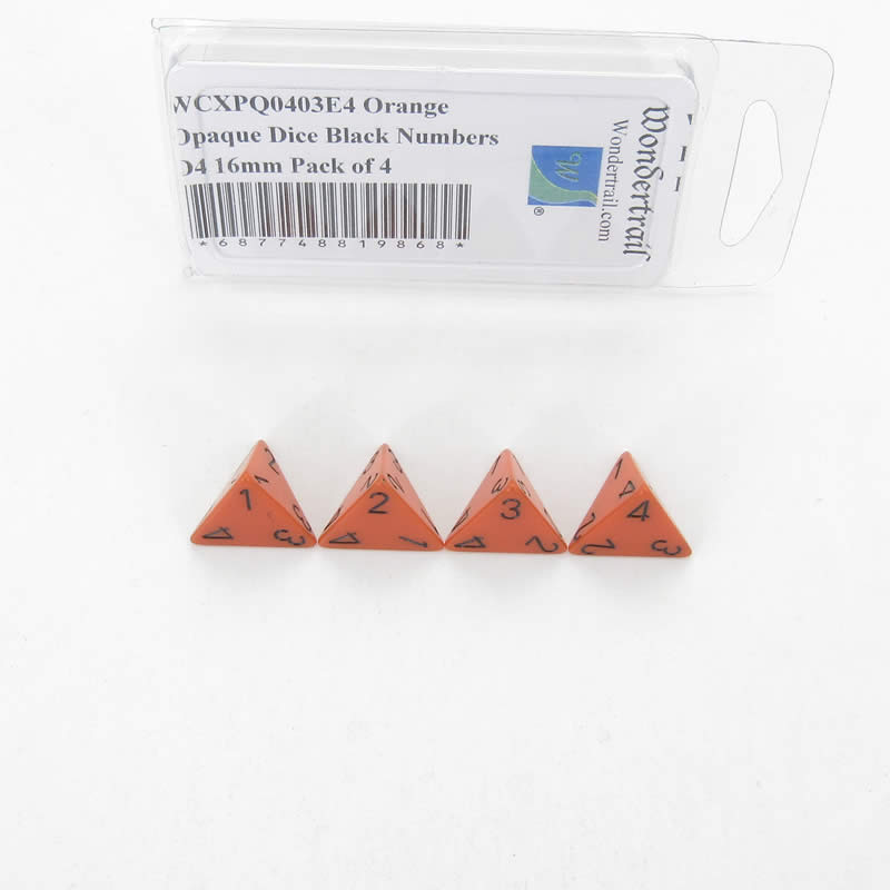WCXPQ0403E4 Orange Opaque Dice Black Numbers D4 16mm Pack of 4 (ONLINE ORDER ONLY)