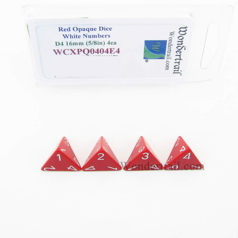 WCXPQ0404E4 Red Opaque Dice White Numbers D4 16mm Pack of 4 (ONLINE ORDER ONLY)