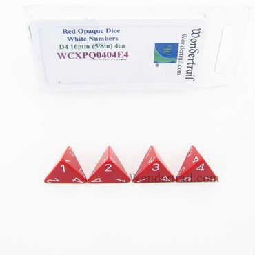 WCXPQ0404E4 Red Opaque Dice White Numbers D4 16mm Pack of 4 (ONLINE ORDER ONLY)