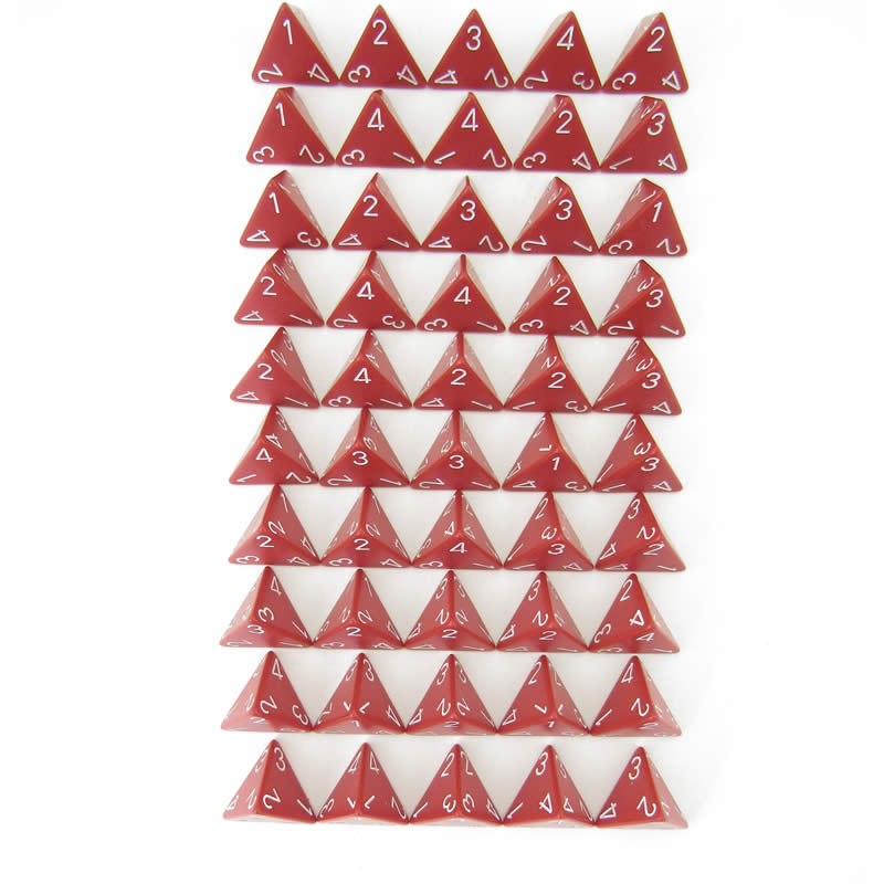 WCXPQ0404E50 Red Opaque Dice White Numbers D4 16mm Pack of 50 (ONLINE ORDER ONLY)