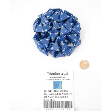 WCXPQ0406E50 Blue Dice with White Numbers D4 Aprox 16mm (5/8in) Pack of 50 (ONLINE ORDER ONLY)
