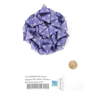 WCXPQ0407E50 Purple Opaque Dice White Numbers D4 16mm Pack of 50 (ONLINE ORDER ONLY)