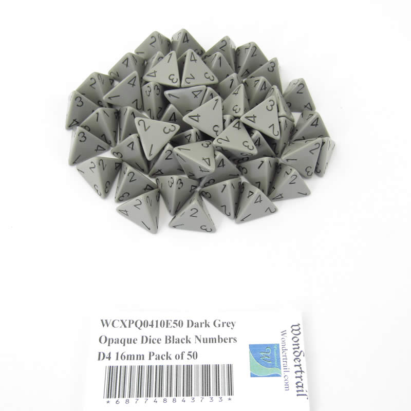 WCXPQ0410E50 Dark Grey Opaque Dice Black Numbers D4 16mm Pack of 50 (ONLINE ORDER ONLY)