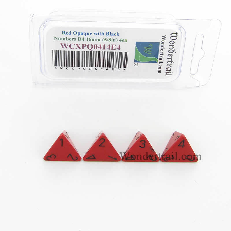 WCXPQ0414E4 Red Opaque Dice Black Numbers D4 16mm Pack of 4 (ONLINE ORDER ONLY)
